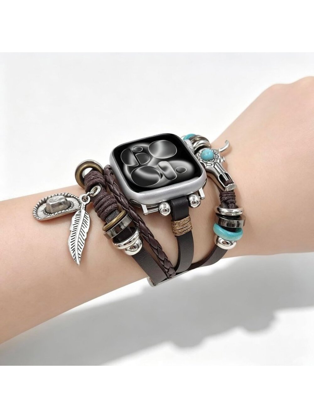 Unisex Hat Feather Beaded Boho Bracelet Compatible Leather Band with Apple Watch - Picture 4 of 5